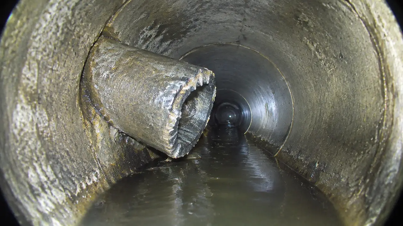 Sewer camera view of a branch pipe protruding into a larger sewer