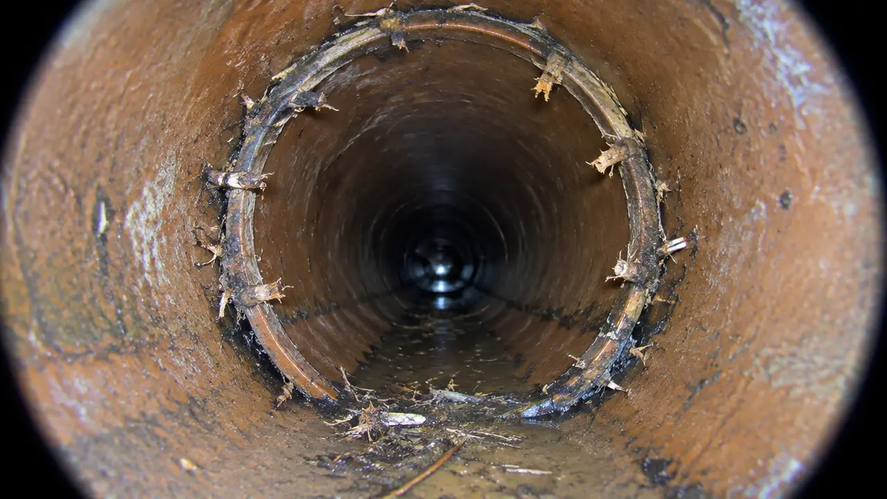 Sewer camera view of a clay joint just after the roots were cut