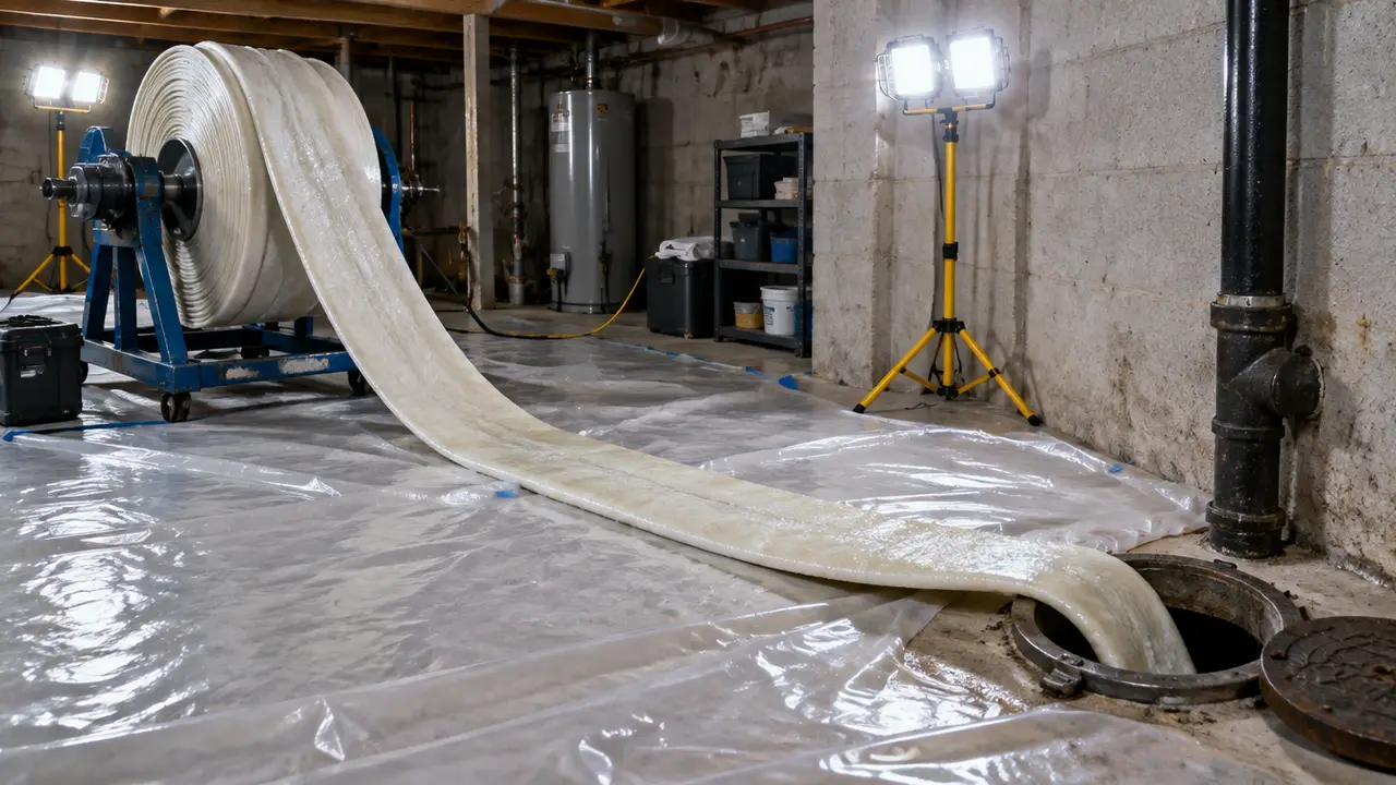 A resin-saturated liner tube fed into a basement cleanout