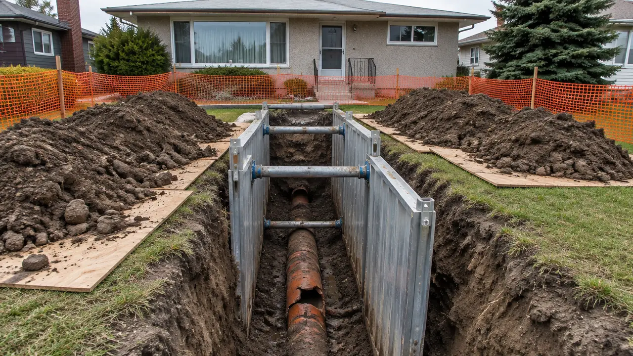 A shored trench across a front yard exposing an old clay sewer pipe