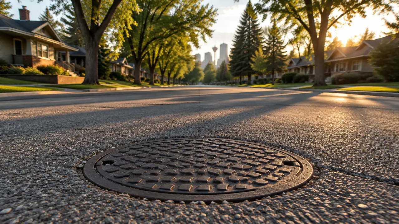 A sanitary sewer manhole cover on a residential street