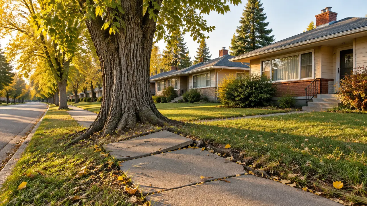 A large poplar tree whose roots have heaved a sidewalk